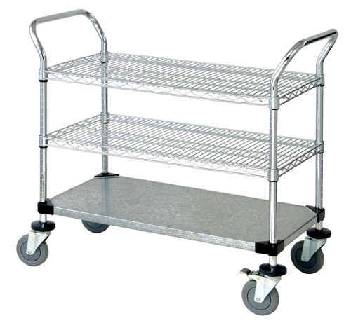 Quantum Storage Systems WRC-1848-2CG 2-Tier Wire Utility Cart 1 Wire and 1 Solid Shelf 5 Stem Casters Chrome Finish 37-1/2 Height x 18 Width x 48 Length